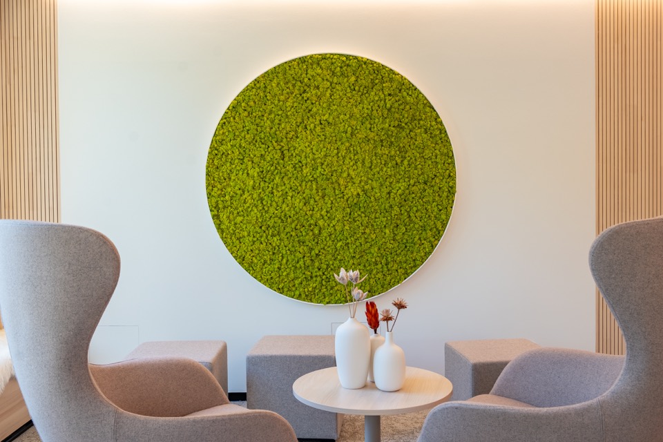 Loungeecke mit Mooskreis an der Wand