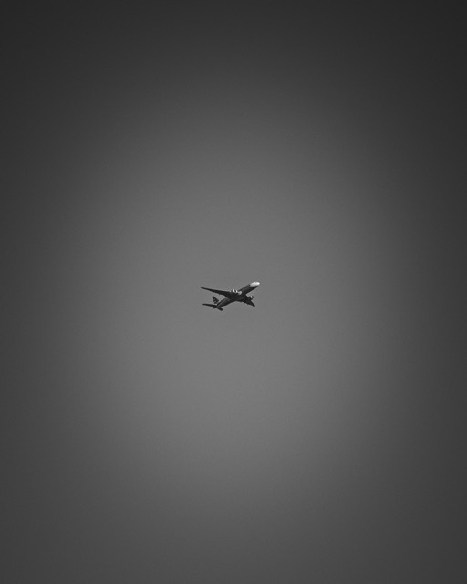 Flugzeug am grauen Himmel